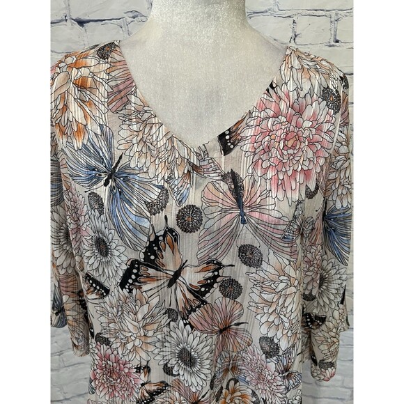 Roz & Ali Butterfly and Floral Semi Sheer Blouse Silver Metallic Threads Size S - Picture 2 of 7